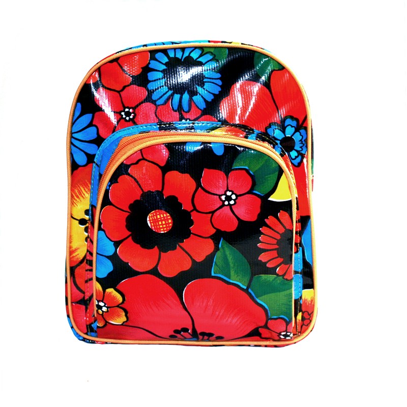 Kinderrucksack Alegria von Ikuri mit bunten Blumen auf Schwarz, Vorderansicht