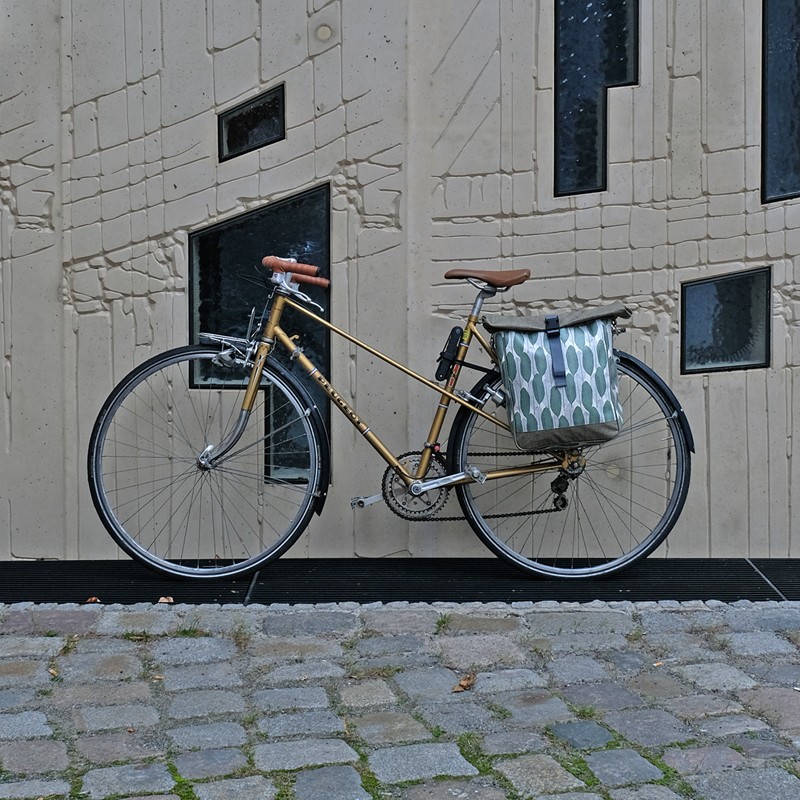 Fahrrad mit Seitentasche Banana Leaf vor einem modernen Gebäude