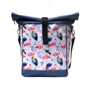 Fahrrad Umhängetasche Pajaros von Ikuri mit Flamingos und Tukanen, Vorderansicht