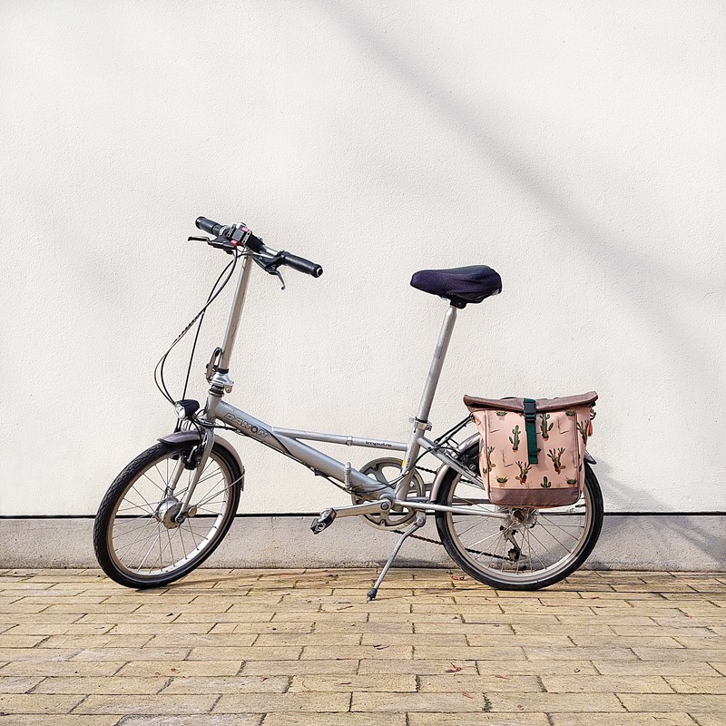 Kleine Fahrradtasche Cactus am Gepäckträger eines Klapprads