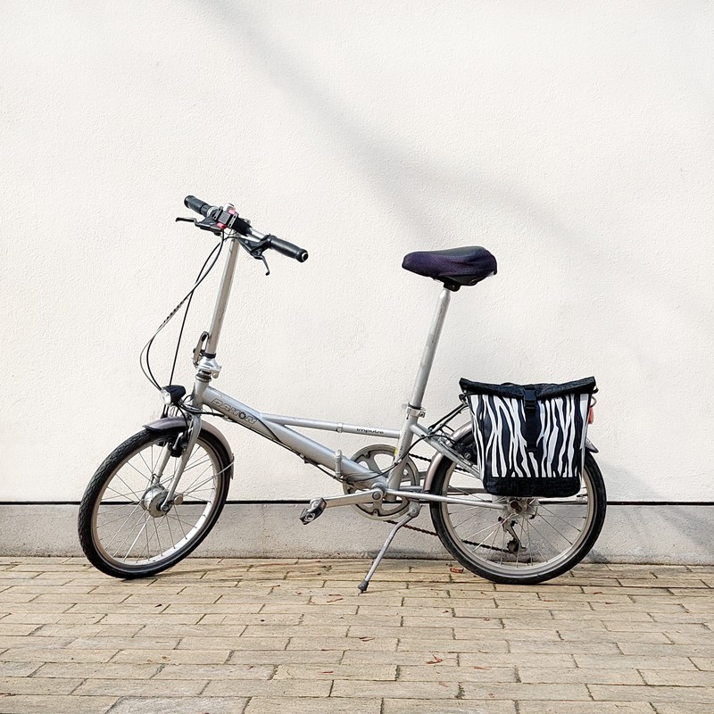 Kleine Fahrradtasche Zebra am Gepäckträger eines Klapprads
