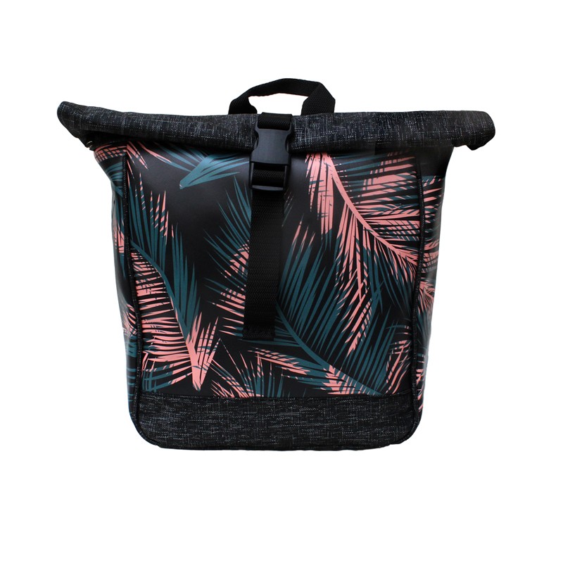 Kleine Kombi Fahrradtasche Rucksack Retro Palma mit Palmen auf Schwarz, Vorderansicht