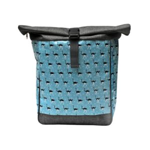 Laptoprucksack Damen Avestruz von Ikuri, Vorderansicht mit Strauß-Print auf Hellblau