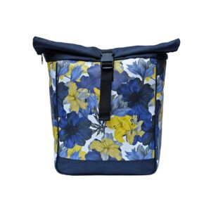 Laptoprucksack Damen Azucena von Ikuri, Vorderansicht: Rolltop in Dunkelblau mit gelben Lilien