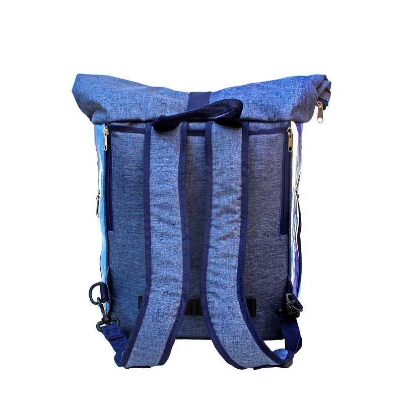Rückseite des Ikuri Laptoprucksacks Indigo mit gepolsterten Schultergurten