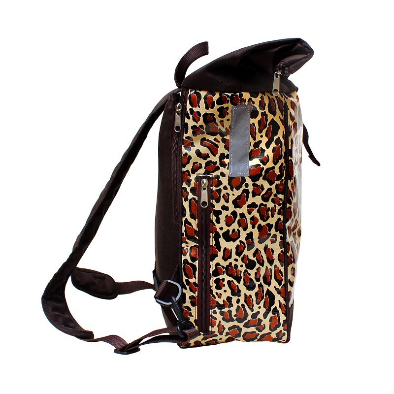 Fahrradrucksack Damen Leopard, Seitenansicht mit braunen Schultergurten