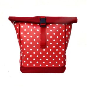 Bunter Rucksack Damen Lunares rot von Ikuri, Vorderansicht mit weißen Punkten