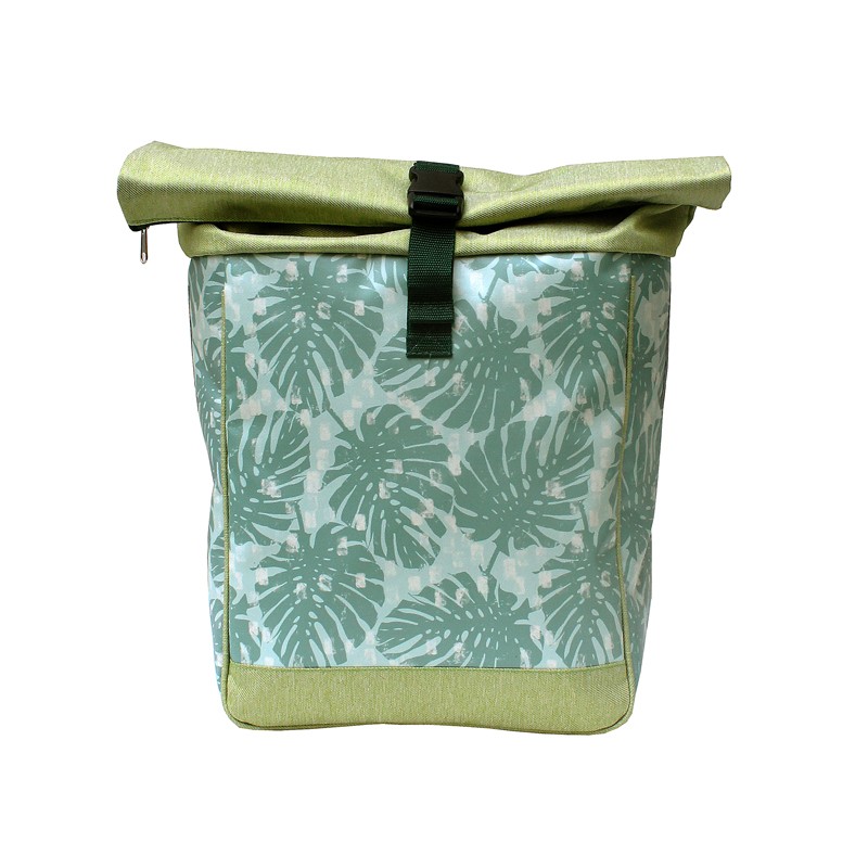Fahrradrucksack Damen Monstera von Ikuri, Vorderansicht mit Monstera-Blättern