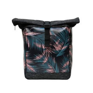Fahrradrucksack Damen Retro Palma von Ikuri, Vorderansicht: Rolltop in Schwarz mit Palmenblättern in Rosa und Blau