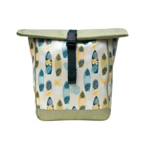 Fahrradrucksack Damen Surf von Ikuri, Vorderansicht: Rolltop in Hellgrün mit Surfboard-Print