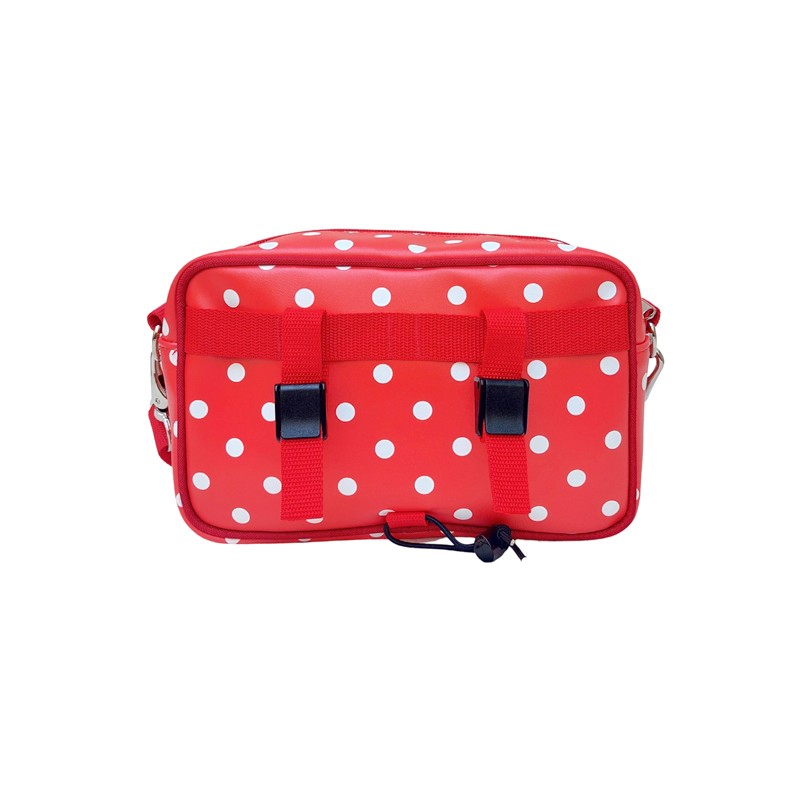 Rückseite der Lenkertasche Lunares rot mit Schnallen für den Lenker