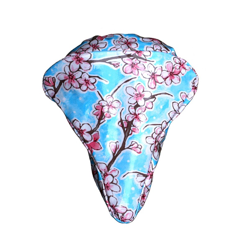 Sattelbezug Fahrrad Hanami hellblau von Ikuri mit Kirschblüten, Ansicht von oben