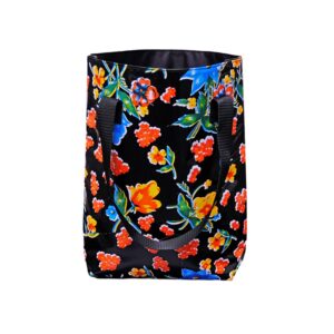 Shopper Tasche Damen Floral von Ikuri mit bunten Blumen auf Schwarz, Vorderansicht
